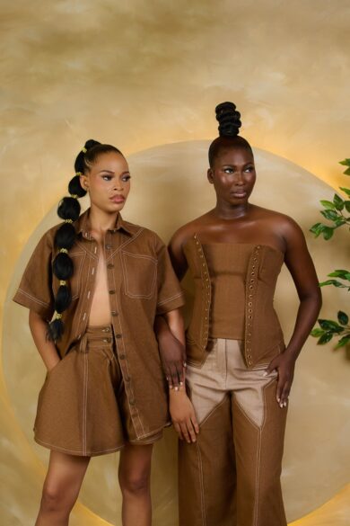 Denim Designs, Six piece Short Shirt, Eyeleted Corset Top Start Trouser