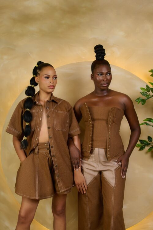 Denim Designs, Six piece Short Shirt, Eyeleted Corset Top Start Trouser