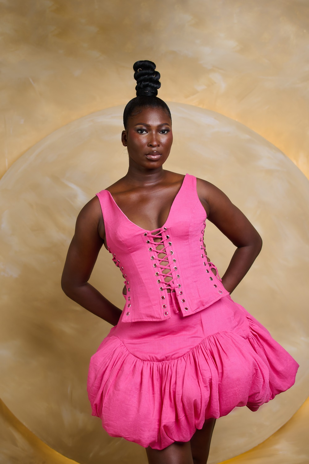 Crisscross Eyelet Top, Bubble Mini Skirt