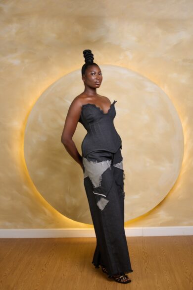 Scallop Neckline Crazy Denim Trousers