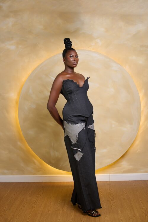 Scallop Neckline Crazy Denim Trousers